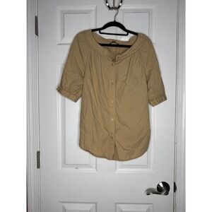 LAUREN BY RALPH LAUREN Black Label Boatneck Puff Sleeve Tan Button Down Blouse S